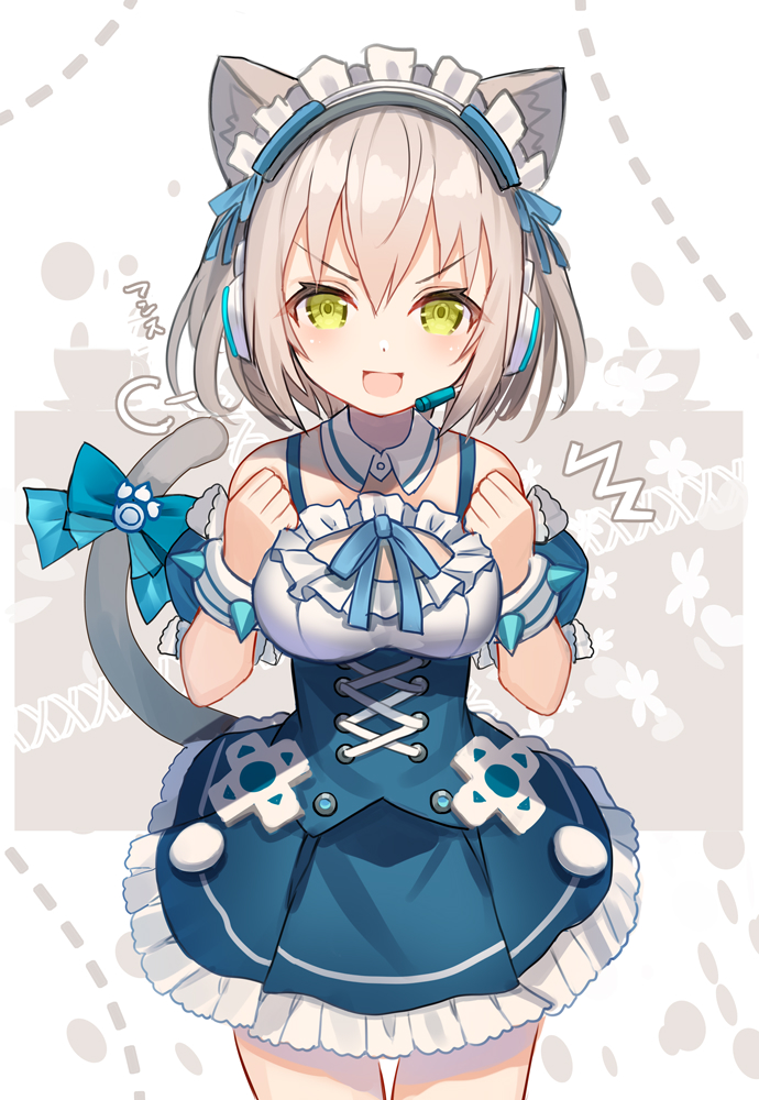 1girl, animal_ears, bow, cat_ears, gloves, green_eyes, guild_cq, headphones