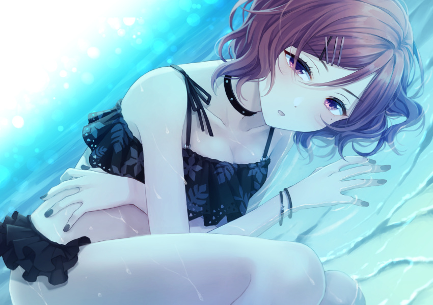 1girl, ae_iueo, bare_shoulders, bikini, black_bikini, black_nails, bracelet, brown_hair