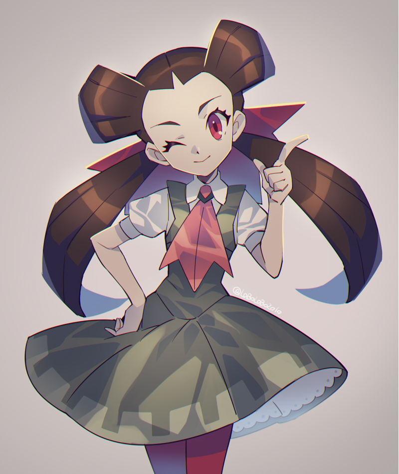 1girl, bow, brown_hair, closed_mouth, collared_shirt, commentary, dress, eyelashes