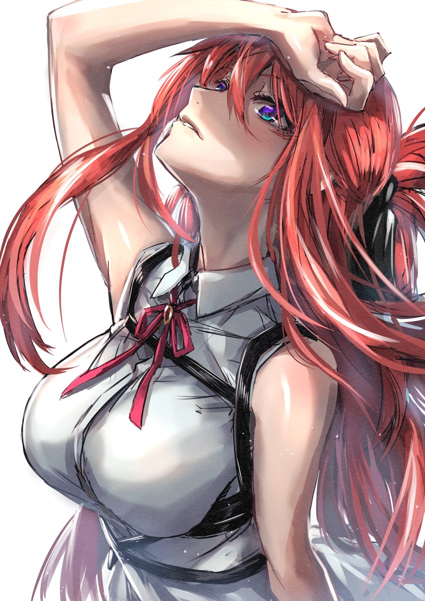 1girl, aqua_eyes, arm_up, bangs, bare_arms, breasts, collared_shirt, commentary_request