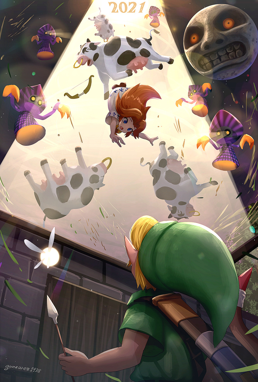 1boy, 2021, 5others, aliens, animal, arrow_(projectile), blonde_hair, blue_eyes, chinese_zodiac, commentary_request, cow, cremia, dress, fairy, floating, gonzarez, green_headwear, hat, highres, holding, holding_arrow, holding_weapon, house, hylian, light, link, long_hair, looking_at_another, mammal, moon, moon_(majora's_mask), multiple_others, night, night_sky, nintendo, nintendo_ead, open_mouth, pointy_ears, romani_(zelda), sky, teeth, the_legend_of_zelda, the_legend_of_zelda:_majora's_mask, weapon, what, whtie_dress, year_of_the_ox