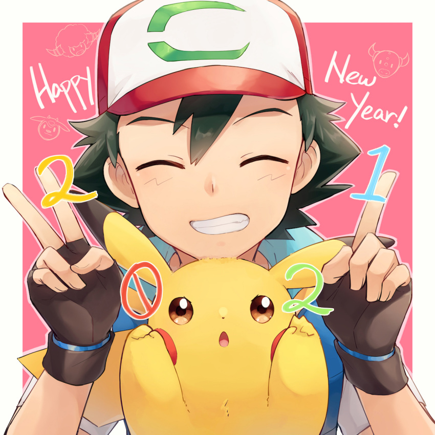 1boy, ash_ketchum, bangs, baseball_cap, bouffalant, brown_gloves, clenched_teeth, closed_eyes