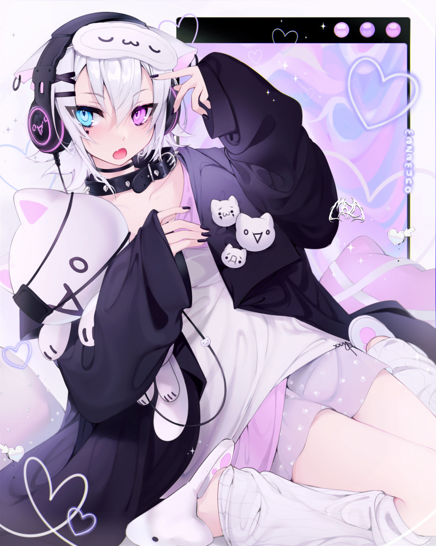 1boy, :o, absurdres, aqua_eyes, black_collar, black_jacket, black_nails, capo_coda_(vtuber)