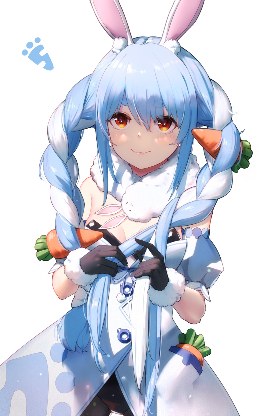 1girl, adjusting_hair, animal_ear_fluff, bangs, black_gloves, blue_hair, blush, braid
