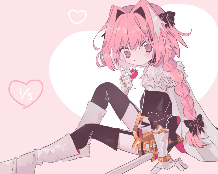 1boy, astolfo_(fate), awa., black_bow, black_legwear, black_skirt, boots, bow, braid, cloak, fate_(series), food, fruit, fur-trimmed_cloak, fur_trim, hair_bow, hair_intakes, holding, holding_food, holding_fruit, long_braid, long_hair, multicolored_hair, otoko_no_ko, pink_background, pink_eyes, pink_hair, simple_background, single_braid, skirt, strawberry, strawberry_day, streaked_hair, sword, thigh-highs, thigh_boots, weapon, white_cloak, white_footwear, white_hair