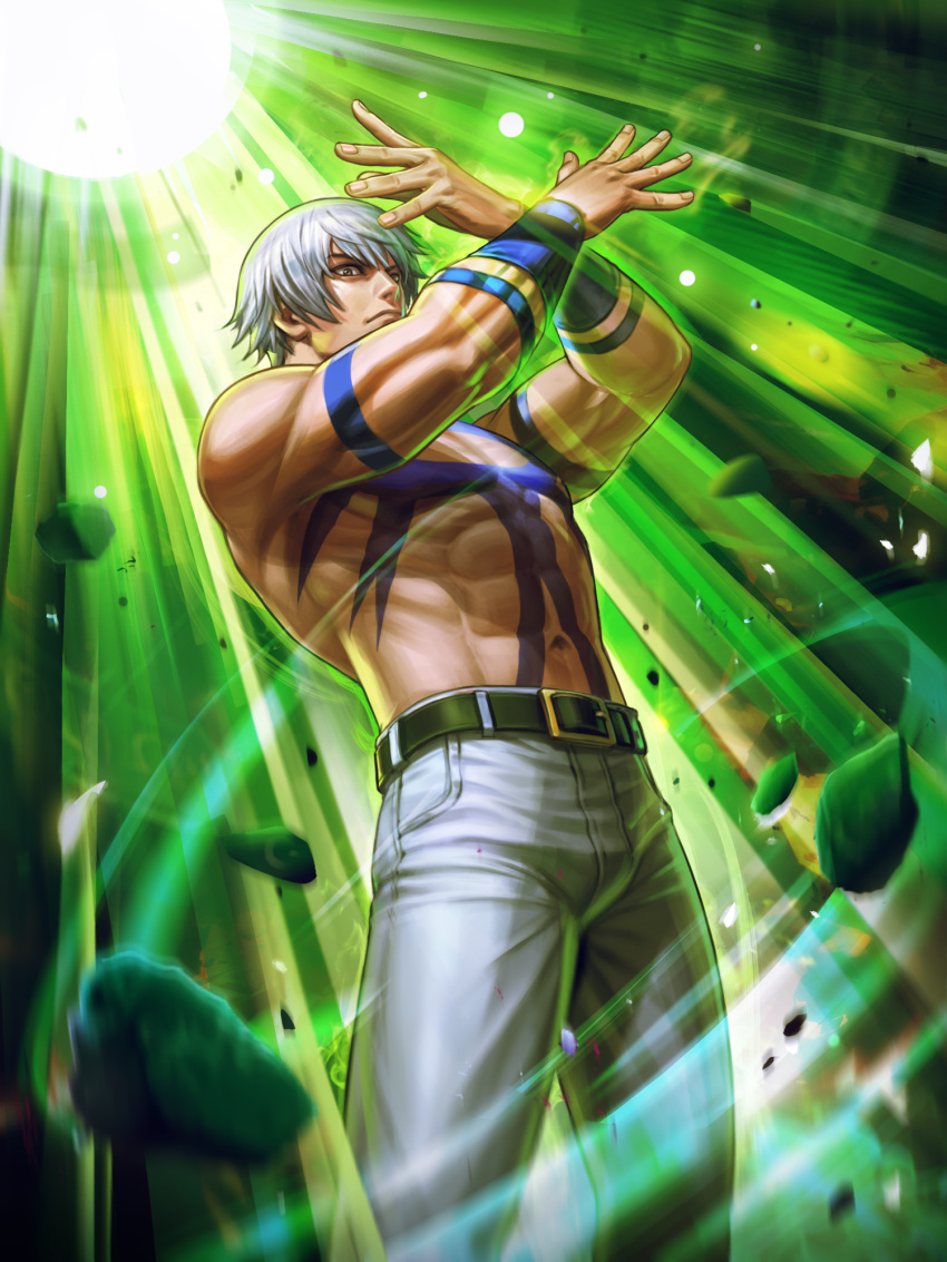 1boy, abs, arms_up, bare_pecs, biceps, chest_tattoo, crossed_arms, glowing, highres, looking_at_viewer, manly, muscular, muscular_male, official_art, open_hands, orochi_(kof), outstretched_arms, pants, snk, tattoo, the_king_of_fighters, the_king_of_fighters_'97, the_king_of_fighters_all-stars, white_hair, white_pants