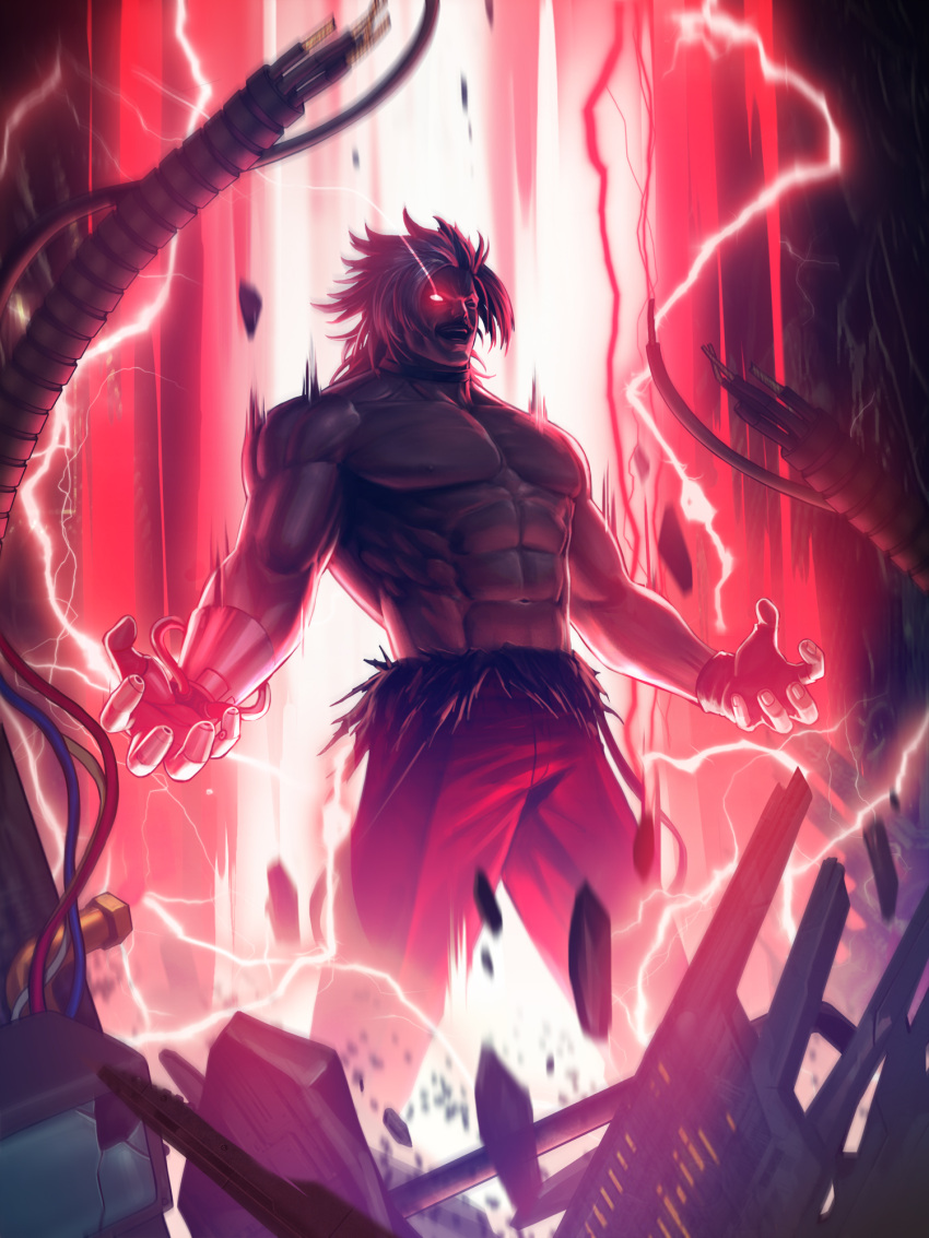 abs, bare_pecs, biceps, cyborg, glowing, glowing_eye, harness, heterochromia, highres, manly, mechanical_arm, mechanical_parts, muscular, muscular_male, official_art, omega_rugal, open_hands, pants, rugal_bernstein, snk, suspenders, suspenders_slip, the_king_of_fighters, the_king_of_fighters_'95, the_king_of_fighters_all-stars