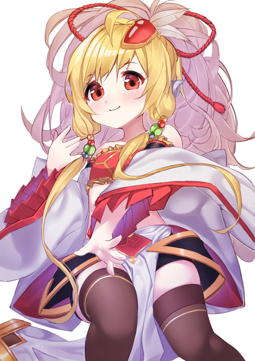 1girl, absurdres, animal_ears, bandeau, beads, black_legwear, blonde_hair, detached_sleeves