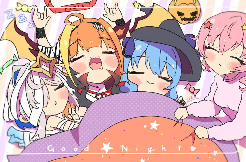 4girls, ahoge, alternate_costume, amane_kanata, anemachi, angel, angel_wings, arms_up