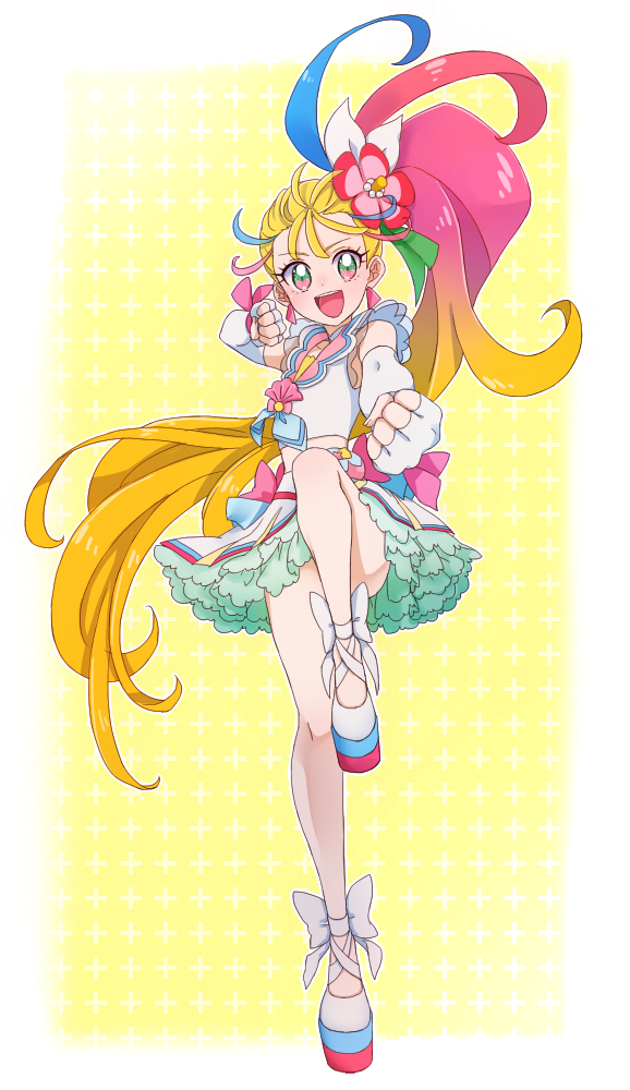 1girl, 8041mm, :d, bare_legs, bare_shoulders, blonde_hair, blue_hair, blush