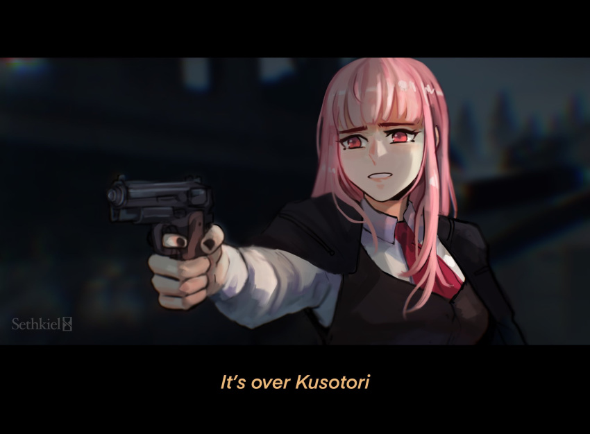 1girl, a_way_out, aiming, at_gunpoint, betrayal, coat, english_text, formal