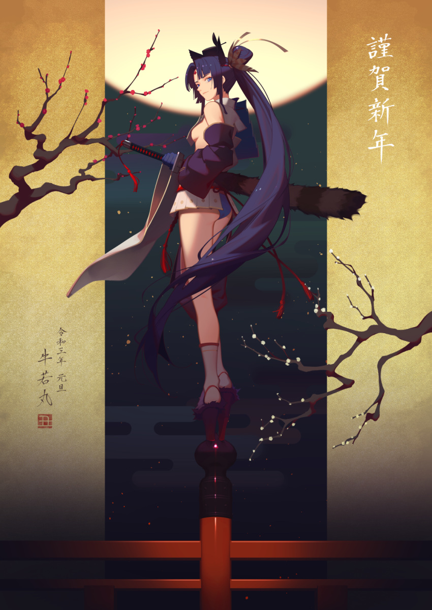 1girl, armor, ass, asymmetrical_clothes, bangs, blue_eyes, blue_panties, breasts, fate/grand_order, fate_(series), full_body, full_moon, highres, holding, holding_sheath, japanese_armor, kusazuri, long_hair, mismatched_sleeves, moon, panties, parted_bangs, pisu, purple_hair, purple_sleeves, revealing_clothes, sheath, shoulder_armor, side_ponytail, single_pantsleg, small_breasts, sode, solo, standing, underwear, ushiwakamaru_(fate/grand_order), very_long_hair, white_sleeves