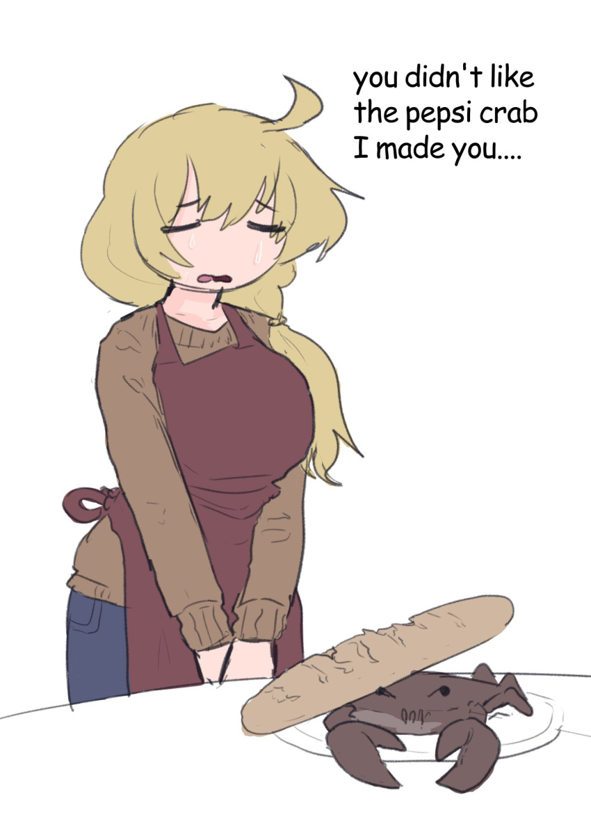 1girl, =_=, ahoge, apron, baguette, blonde_hair, blue_pants, bread
