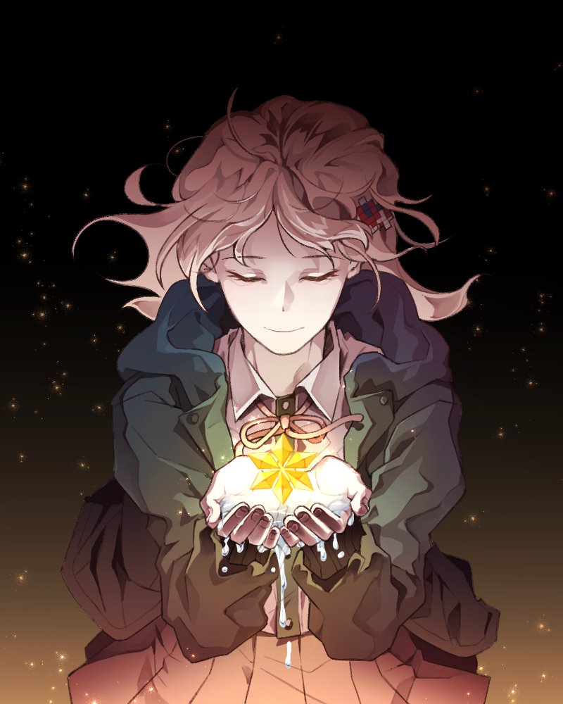 1girl, bambi_(bam7752), bangs, black_jacket, brown_skirt, closed_eyes, collared_shirt, commentary_request, cowboy_shot, floating, floating_hair, floating_object, hair_ornament, hairclip, holding, jacket, light_particles, long_sleeves, medium_hair, nanami_chiaki, open_clothes, open_jacket, pink_ribbon, pleated_skirt, ribbon, shirt, skirt, smile, spaceship_hair_ornament, sparkle, white_shirt