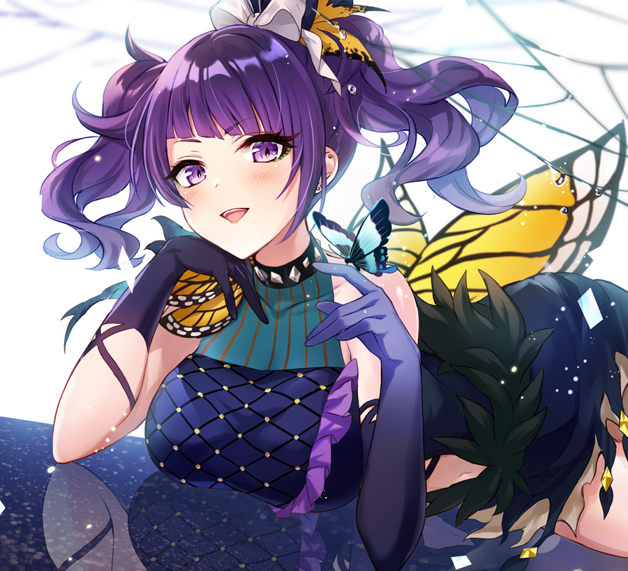 1girl, asymmetrical_gloves, bangs, black_choker, black_dress, black_gloves, bug, butterfly