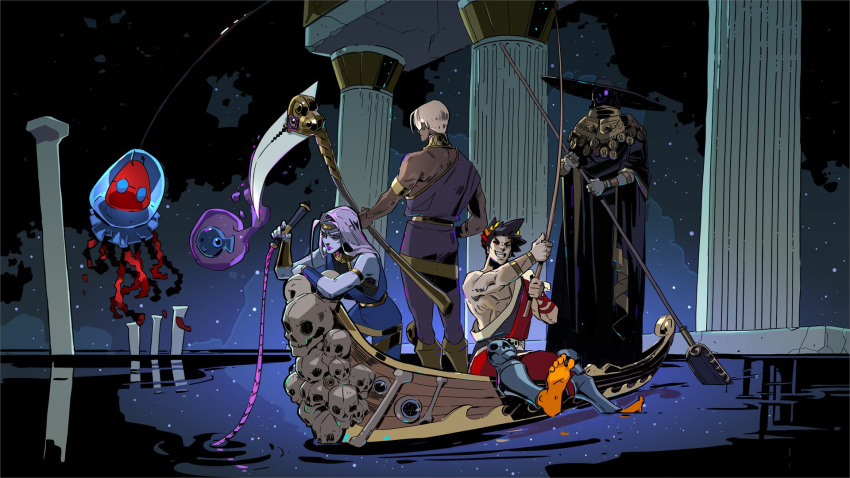 1girl, 3boys, black_hair, black_sclera, blue_hair, blue_skin, boat, charon_(hades)