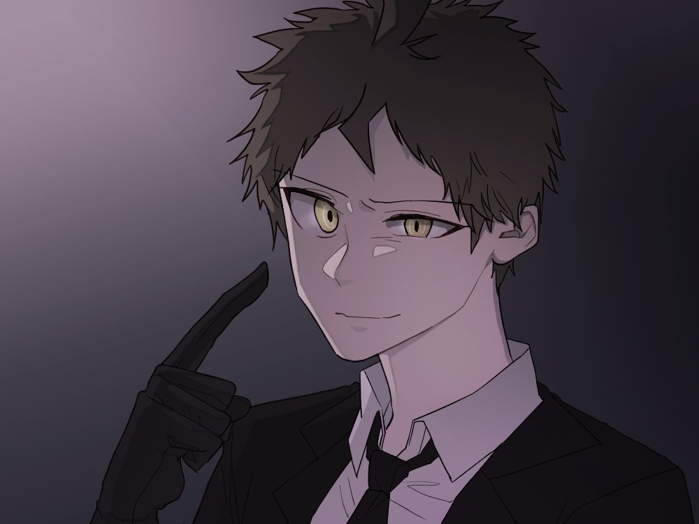 1boy, ahoge, bambi_(bam7752), black_gloves, black_jacket, black_neckwear, brown_eyes, brown_hair