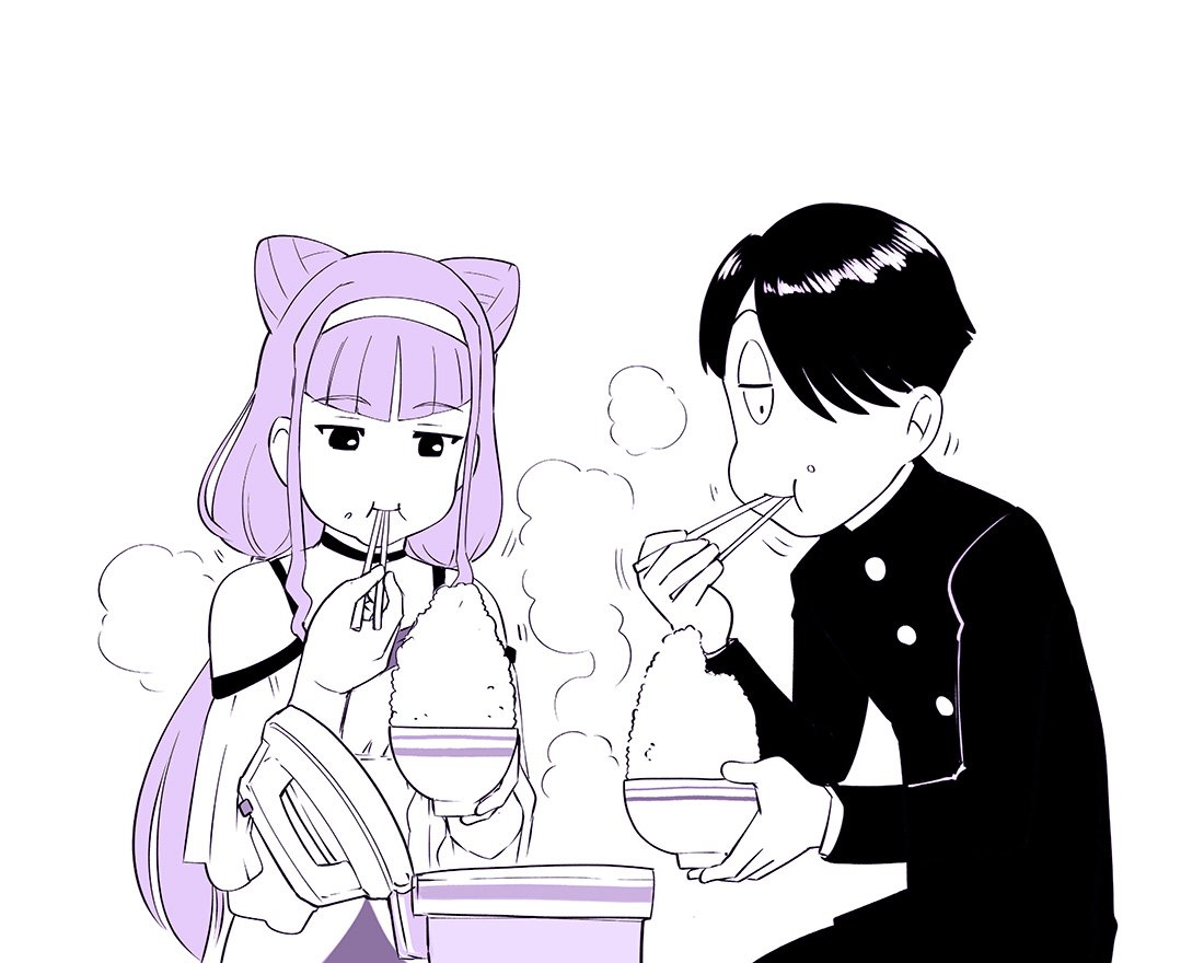 1boy, 1girl, chopsticks, crossover, double_bun, eating, hairband, hugtto!_precure