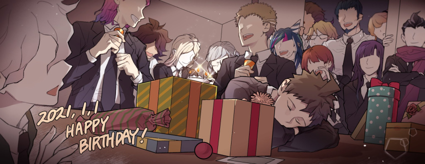 6+boys, 6+girls, :d, ahoge, bambi_(bam7752), black_hair, black_jacket, black_neckwear, blonde_hair, box, brown_hair, cake, candle, closed_mouth, commentary_request, dangan_ronpa_(series), dangan_ronpa_3_(anime), dated, ear_piercing, faceless, faceless_female, faceless_male, food, gift, gift_box, glasses, green_hair, grey_hair, hanamura_teruteru, happy_birthday, highres, hinata_hajime, jacket, koizumi_mahiru, komaeda_nagito, kuzuryuu_fuyuhiko, lip_piercing, long_hair, long_sleeves, mioda_ibuki, multicolored_hair, multiple_boys, multiple_girls, necktie, nidai_nekomaru, open_mouth, owari_akane, pekoyama_peko, piercing, pink_hair, pink_scarf, redhead, saionji_hiyoko, scarf, short_hair, sleeping, smile, sonia_nevermind, souda_kazuichi, table, tanaka_gandamu, togami_byakuya, tsumiki_mikan, upper_teeth, very_short_hair, white_hair