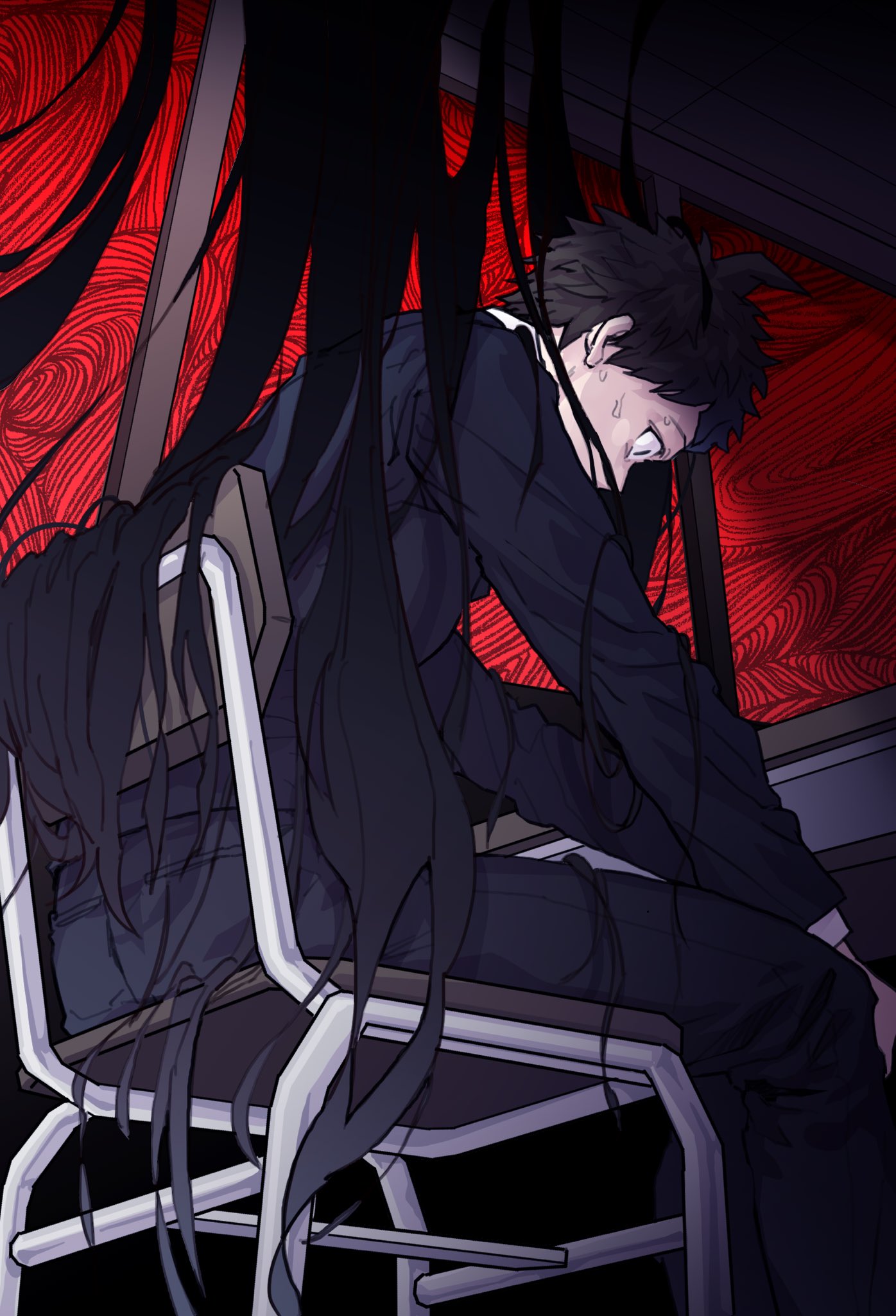 1boy, ahoge, bambi_(bam7752), bangs, black_hair, black_jacket, black_pants, brown_hair