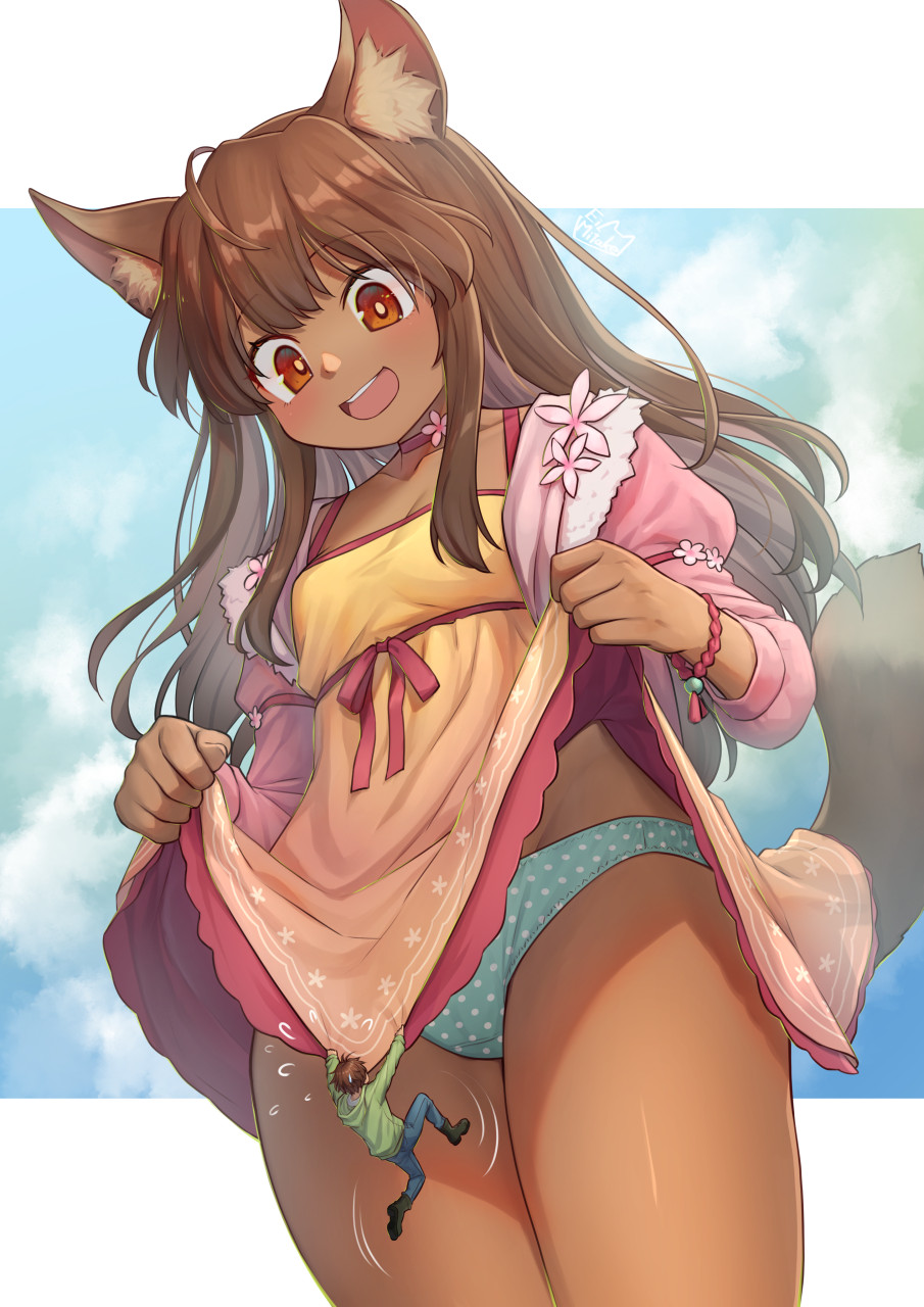 1boy, 1girl, animal_ear_fluff, animal_ears, breasts, brown_eyes, brown_hair, commentary_request