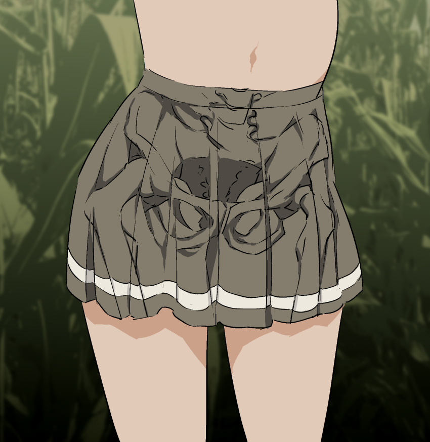 1girl, aliasing, bone, commentary_request, cowboy_shot, crotch, daromeon, green_background
