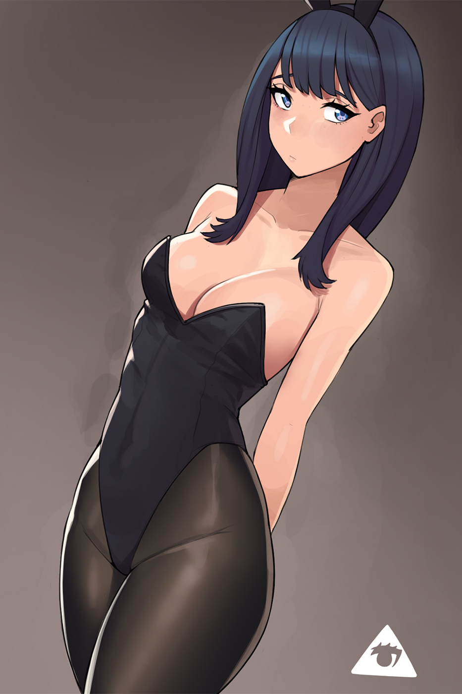 1girl, animal_ears, arms_behind_back, bangs, bare_shoulders, black_legwear, black_leotard, blue_eyes