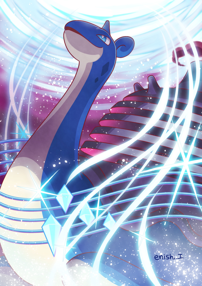 blue_eyes, creature, enishi_(menkura-rin10), gen_1_pokemon, gigantamax, gigantamax_lapras, highres, horns, lapras, no_humans, pokemon, pokemon_(creature), signature, single_horn, solo