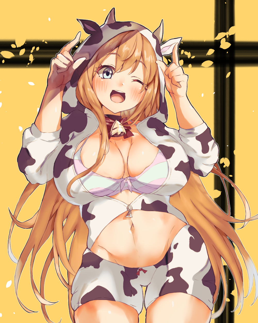1girl, ;d, animal_print, bell, bell_choker, bikini, blue_eyes, bow