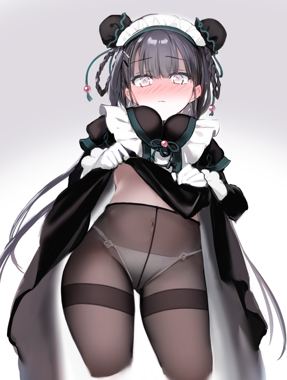1girl, bangs, black_dress, black_legwear, blunt_bangs, blush, braid, breasts