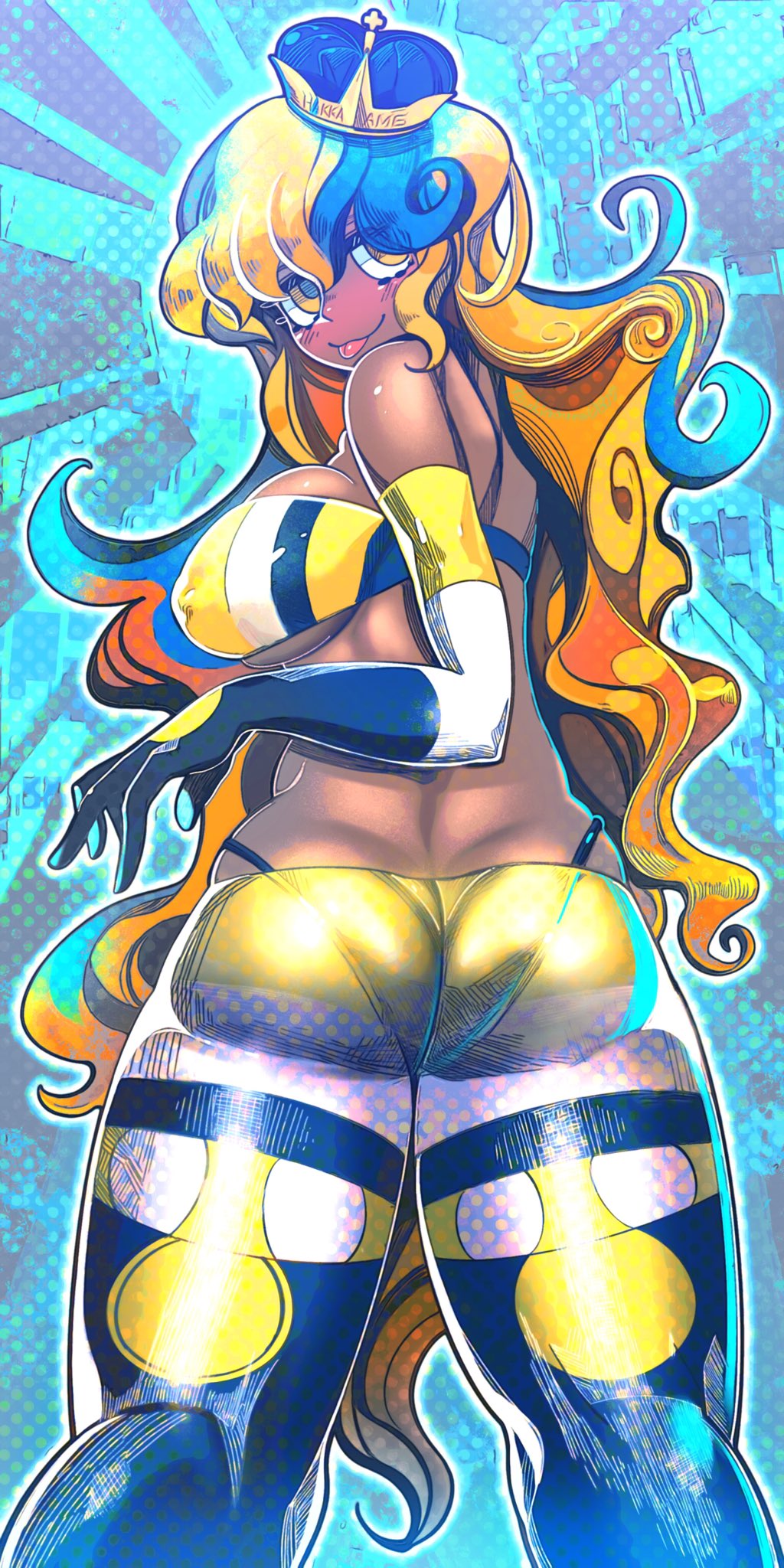 1girl, artist_name, ass, blonde_hair, blue_hair, blush, breasts, commentary_request
