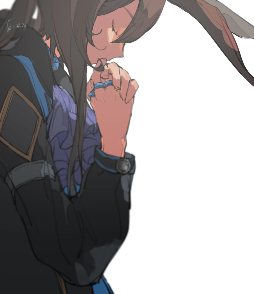 1girl, amiya_(arknights), animal_ears, arknights, ascot, black_jacket, blue_neckwear, brown_hair