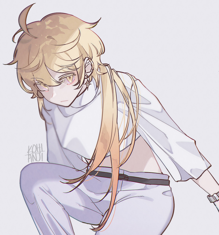 1boy, aether_(genshin_impact), ahoge, bangs, belt, blonde_hair, earrings, genshin_impact