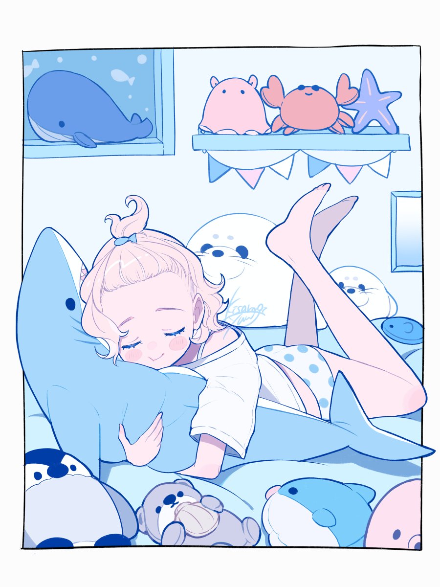 1girl, bare_legs, barefoot, bird, blonde_hair, blush, closed_eyes, crab, flapjack_octopus, highres, kisaragi_yuu_(fallen_sky), legs_up, medium_hair, object_hug, original, panties, penguin, polka_dot, polka_dot_panties, seal, shadow, shark, shelf, shirt, short_sleeves, signature, smile, solo, starfish, stuffed_toy, underwear, white_shirt