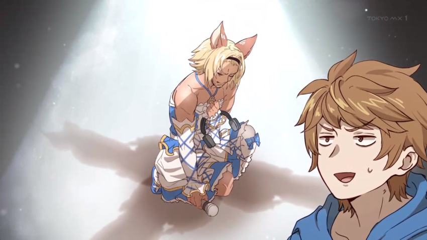 1boy, animal_ears, blonde_hair, brown_eyes, brown_hair, closed_eyes, dark_skin, erune