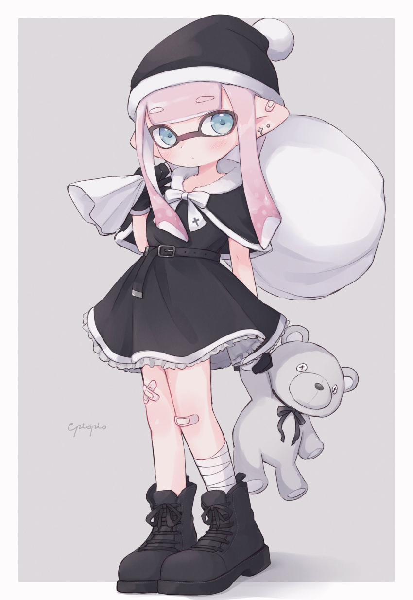 1girl, bandaged_leg, bandages, bandaid, bandaid_on_ear, bandaid_on_knee, bandaid_on_leg, bangs