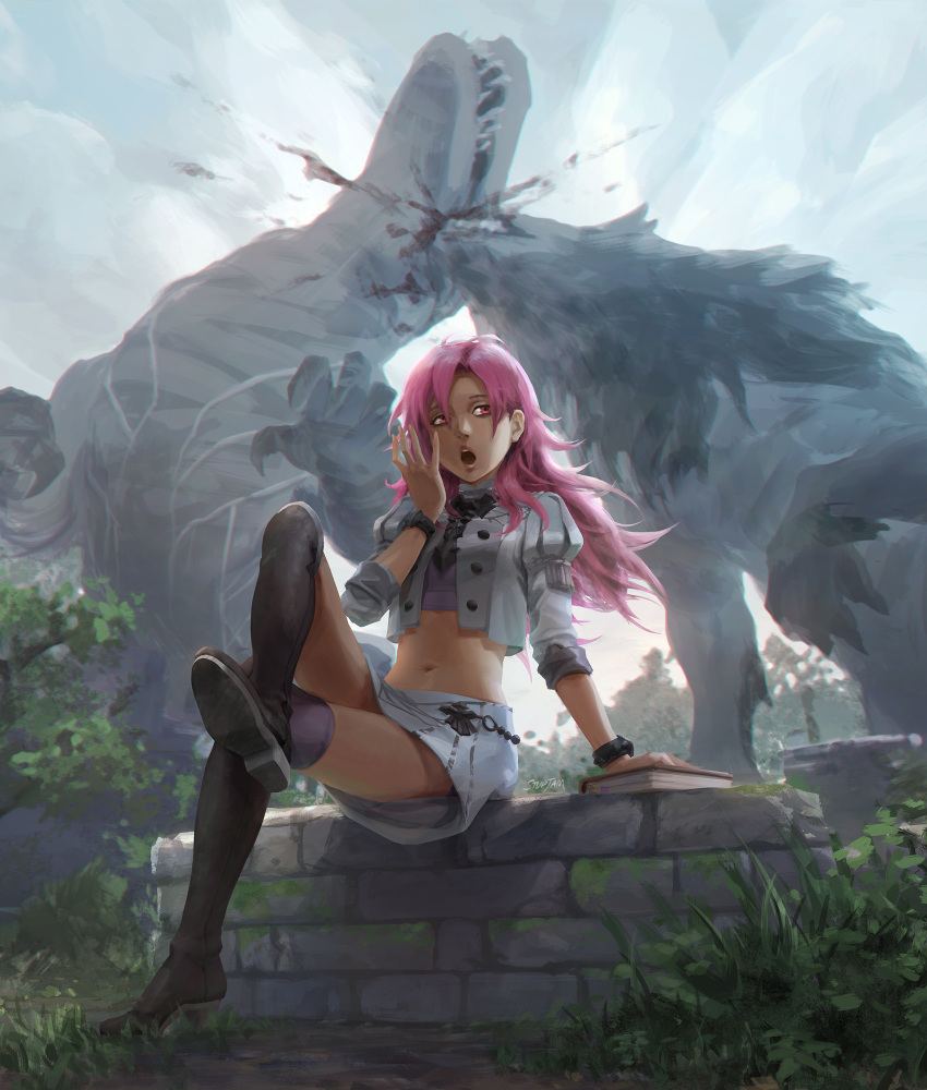 1girl, biting, black_legwear, bracelet, crop_top, crossed_legs, dark_skin, fire_emblem, fire_emblem:_three_houses, garreg_mach_monastery_uniform, hapi_(fire_emblem), highres, jewelry, midriff, monster, navel, redhead, sitting, skirt, stomach, stup-jam, thigh-highs, yawning