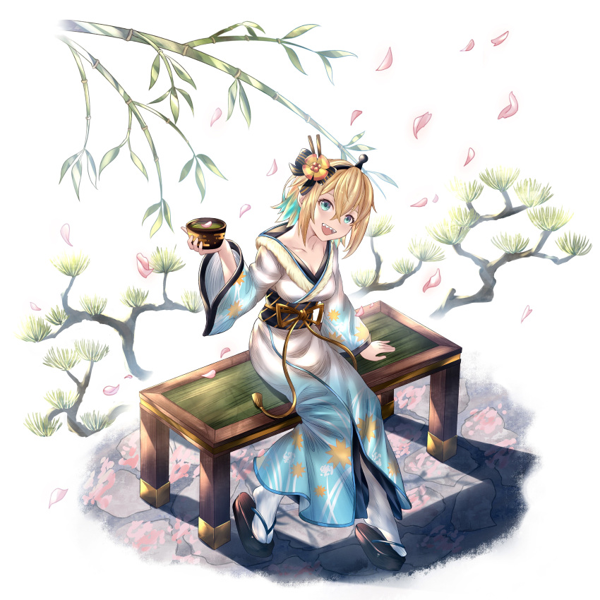 1girl, absurdres, amano_pikamee, bench, blonde_hair, cup, green_eyes, highres
