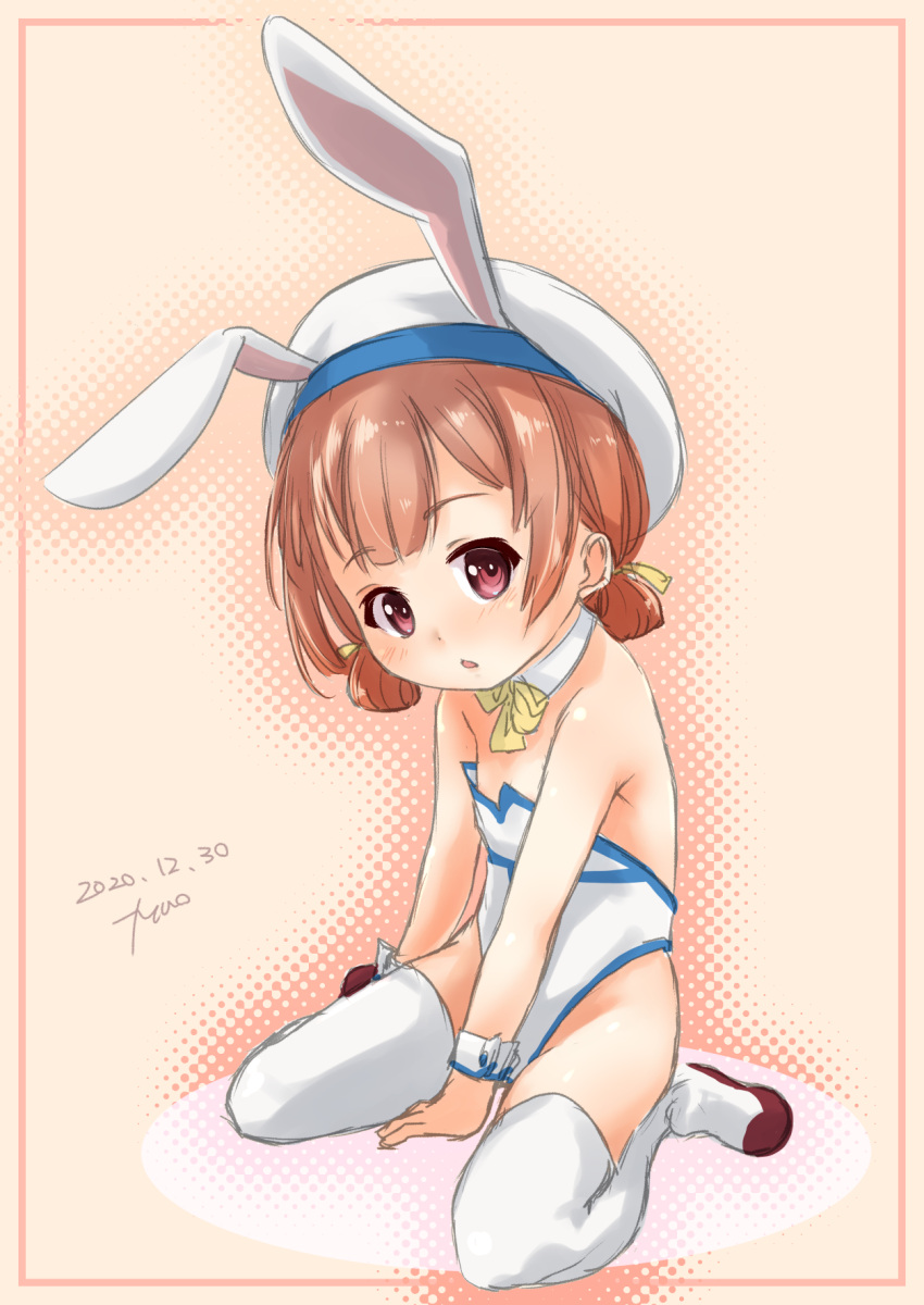 1girl, adapted_costume, animal_ears, ascot, brown_eyes, brown_hair, commentary_request, detached_collar