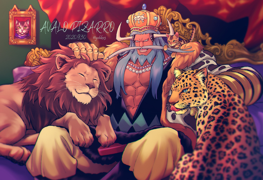 1boy, abs, animal, animal_on_shoulder, avalo_pizarro, baggy_pants, beard, blue_hair