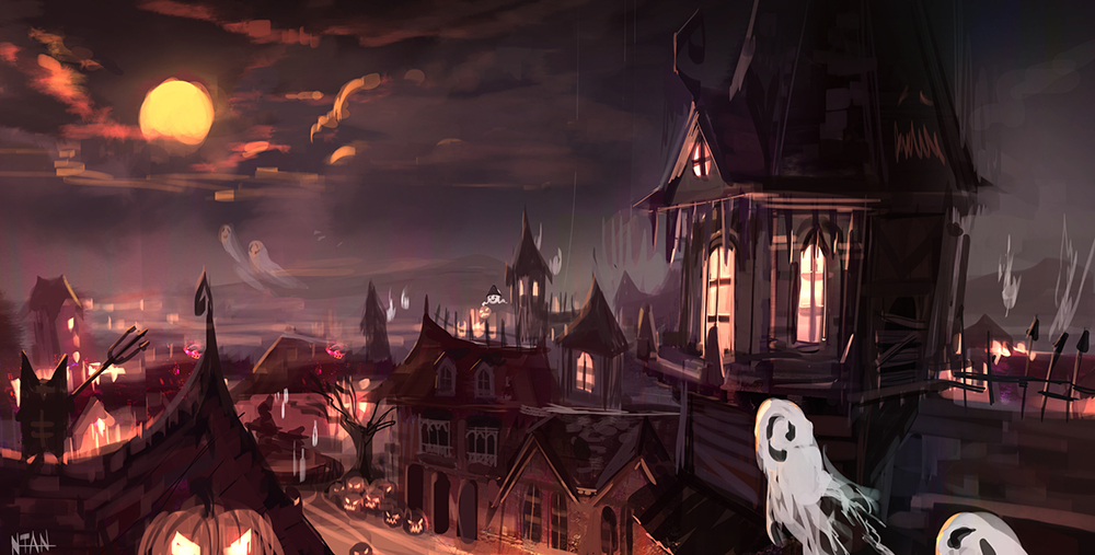 bare_tree, building, clouds, cloudy_sky, commentary_request, darkhikari, demon, deviruchi
