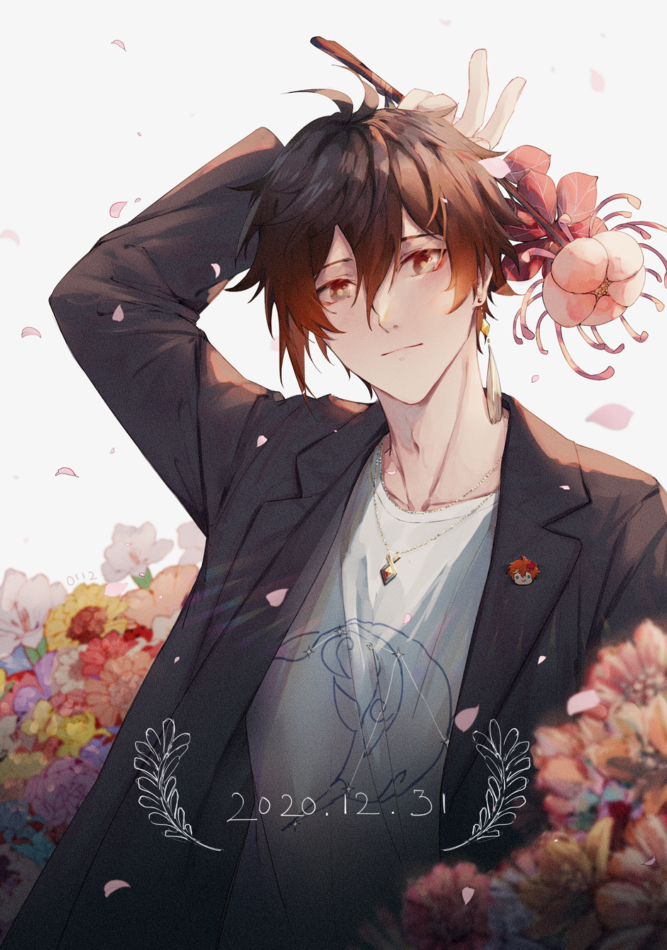 1boy, badge, bangs, black_hair, blue_eyes, blurry, blurry_background, brown_hair