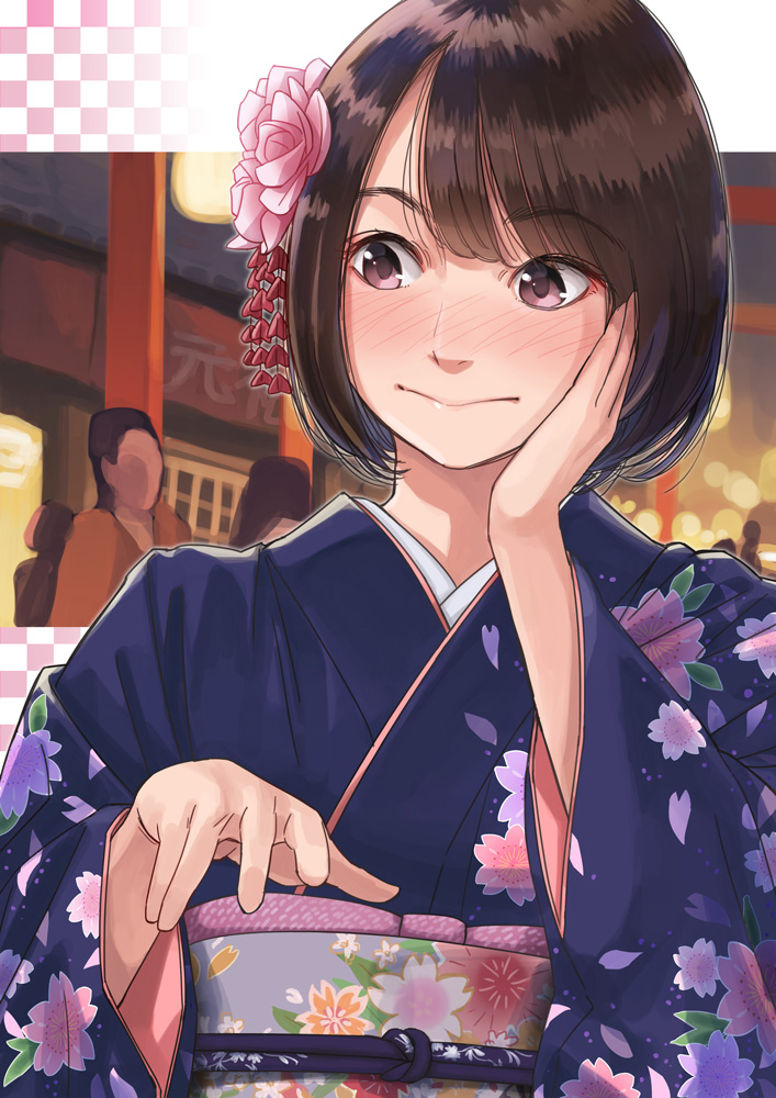 1girl, bangs, blush, bob_cut, brown_eyes, brown_hair, checkered, checkered_background