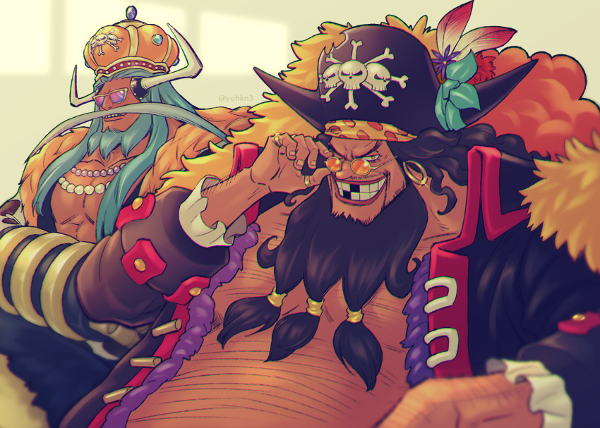 2boys, abs, arm_hair, arm_rest, avalo_pizarro, bandana, bare_pecs, beard