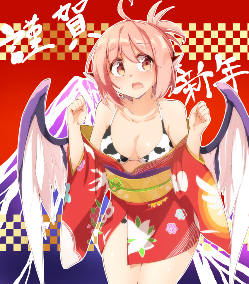 1girl, animal_ears, animal_print, bikini, bird_wings, blush, breasts, chinese_zodiac