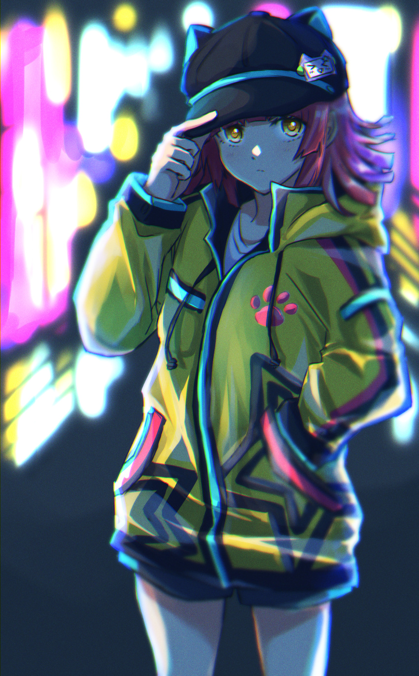 1girl, absurdres, bangs, blunt_bangs, blunt_ends, cabbie_hat, cityscape, closed_mouth