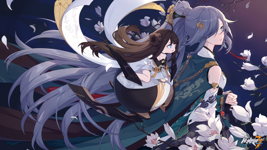 2girls, ahoge, bare_legs, bare_shoulders, black_hair, blue_eyes, blue_hair, book_of_fuxi