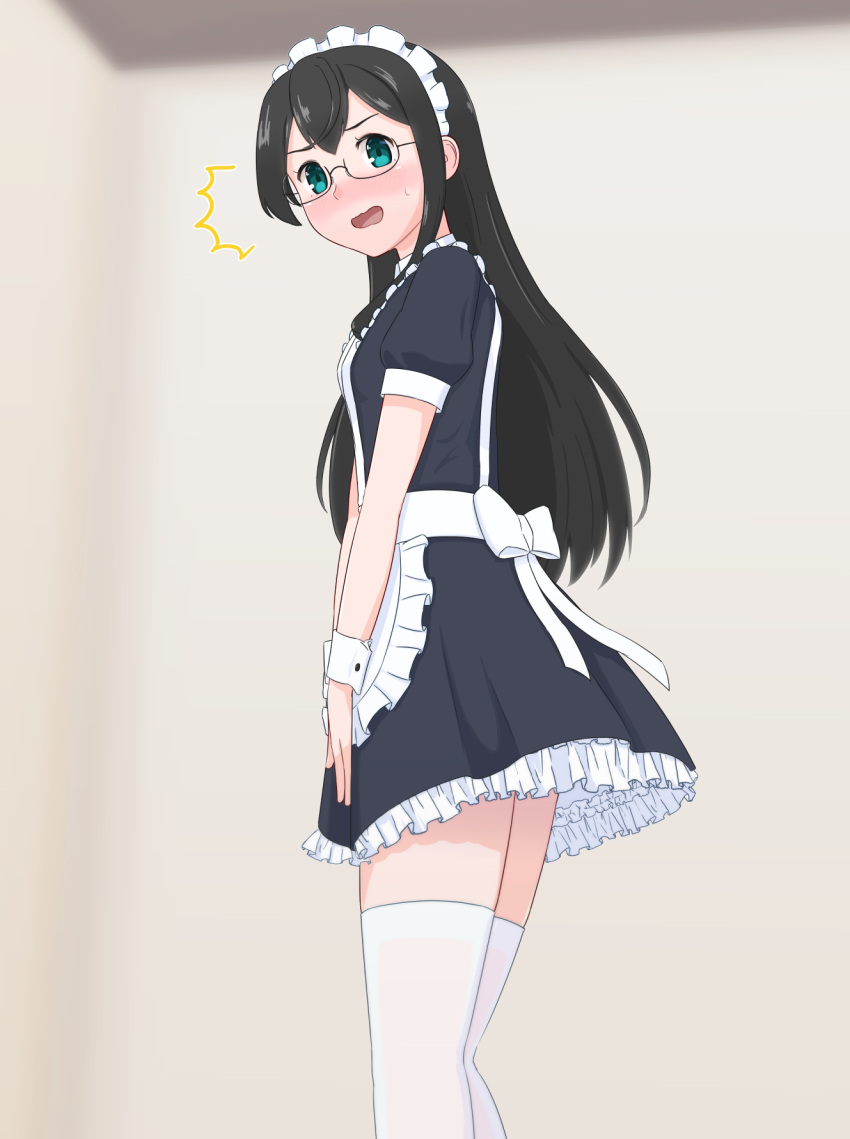 1girl, alternate_costume, apron, aqua_eyes, black_hair, blush, bow, commentary