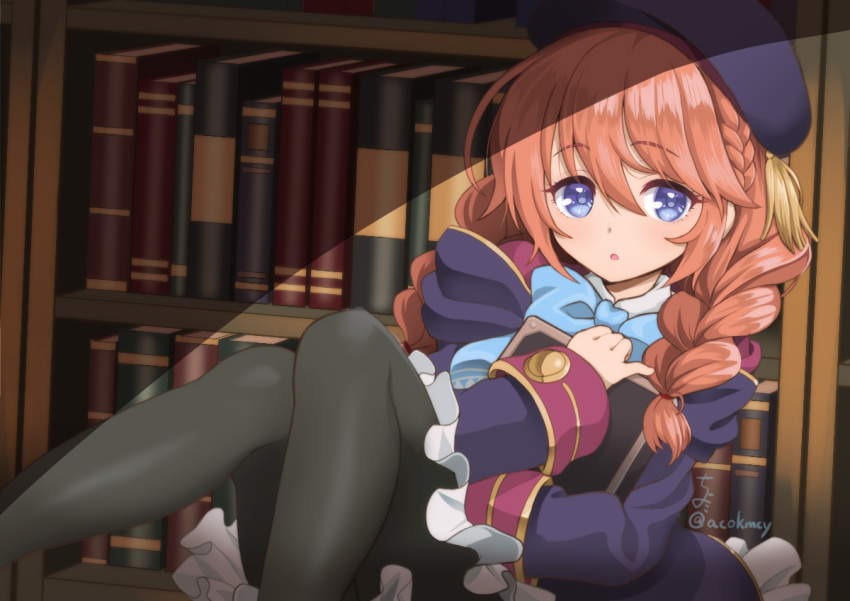 1girl, black_coat, black_headwear, black_legwear, blue_eyes, book, bookshelf, braid, brown_hair, coat, commentary_request, eyebrows, eyebrows_visible_through_hair, hat, indoors, kumehara_chiyota, long_hair, looking_at_viewer, object_hug, open_mouth, pantyhose, princess_connect!, sitting, skirt, solo, twin_braids, twintails, white_skirt, yuni_(princess_connect!)
