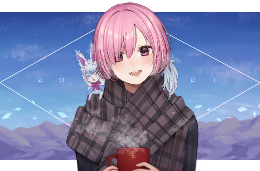 1girl, 2021, animal_on_shoulder, bangs, black_jacket, black_scarf, blush, breasts